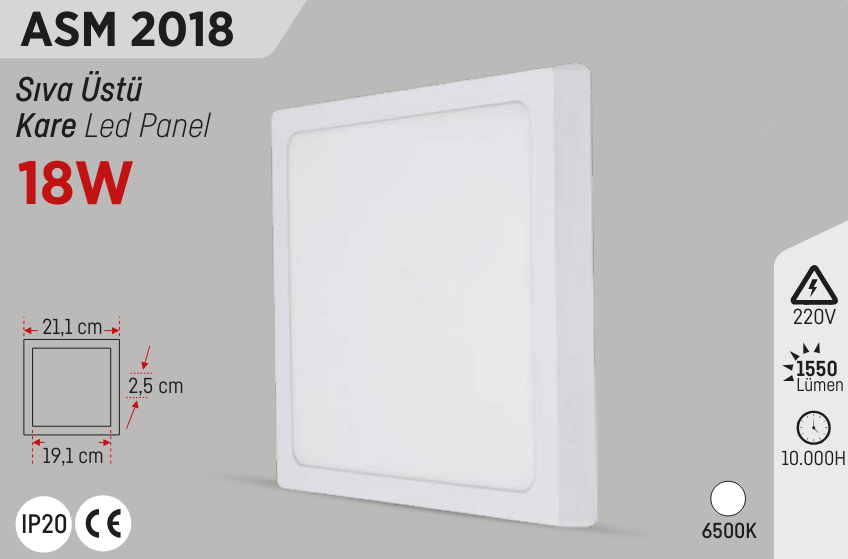 YCL Beyaz 18W Sıva Üstü Kare Led Panel ASM-2018