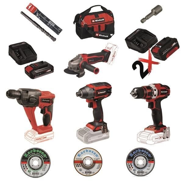 Einhell 18V Professional Set – Darbeli Vidalama, Pnömatik Matkap, Vidalama, Taşlama + Çanta, Tam Aksesuar + 2x4.0Ah + 1x2.5Ah ve Şarj Aleti