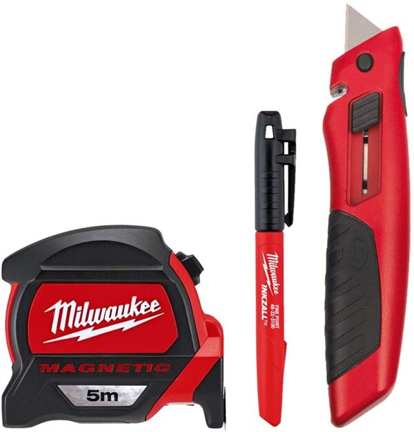 Milwaukee T4932459375 Ağır Hizmet Tipi 3\'lü Set Maket Bıçağı Metre Ve İşaretleme Kalemi