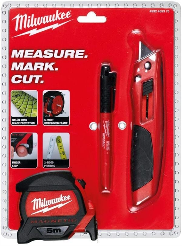 Milwaukee T4932459375 Ağır Hizmet Tipi 3\'lü Set Maket Bıçağı Metre Ve İşaretleme Kalemi