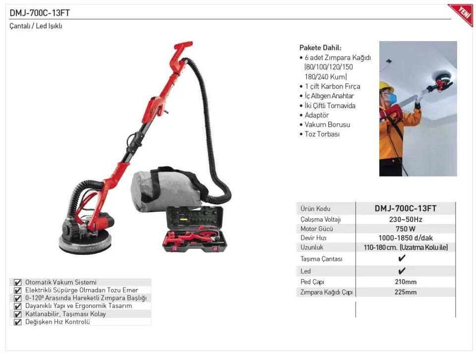 Euromax EXDMJ700C13FT Led Işıklı  Duvar Zımparalama Makinası 225 MM