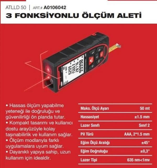 Attlas ATLLD 50 3 Fonksiyonlu Dijital Lazermetre Ölçüm Aleti