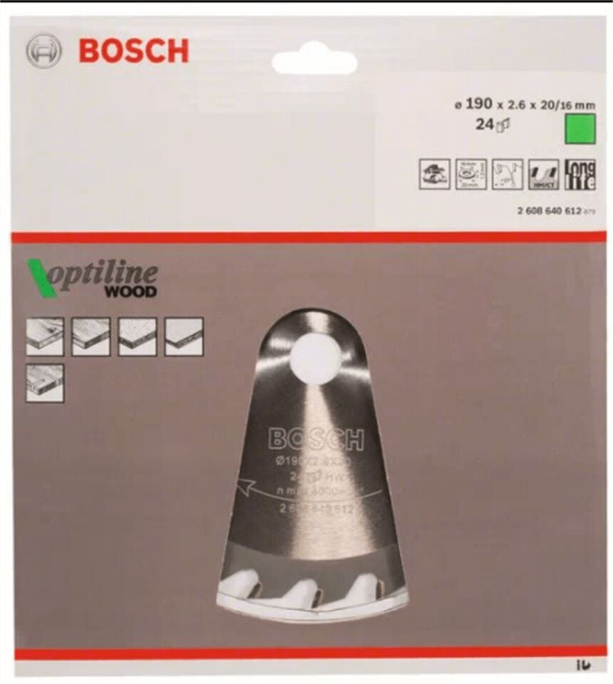 Bosch Daire Testere Bıçağı Optiline Wood 190x2,6x20/16 mm 24 Diş 2608640612