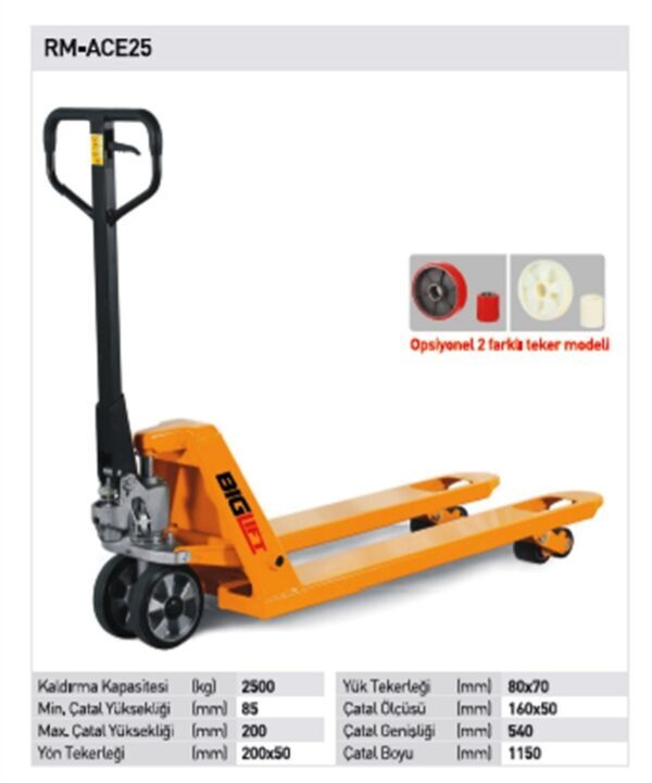 Biglift ACE-25 2,5 Ton Transpalet Döküm Kafalı Kırmızı Teker