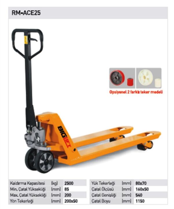 Biglift ACE-25 2,5 Ton Transpalet Döküm Kafalı Kırmızı Teker