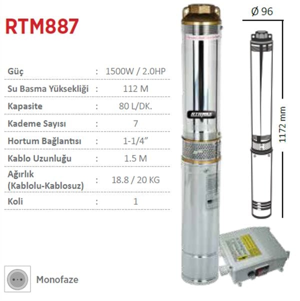 Rtrmax Rtm887 Derin Kuyu Dalgıç Pompa Monofaze 2.0Hp - 1500W