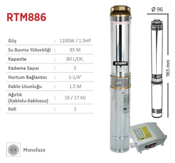Rtrmax Rtm886 Derin Kuyu Dalgıç Pompa Monofaze 1.5Hp - 1100W