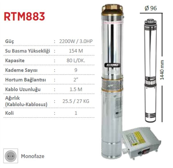Rtrmax Rtm883 Derin Kuyu Dalgıç Pompa Monofaze 3.0Hp - 2200W