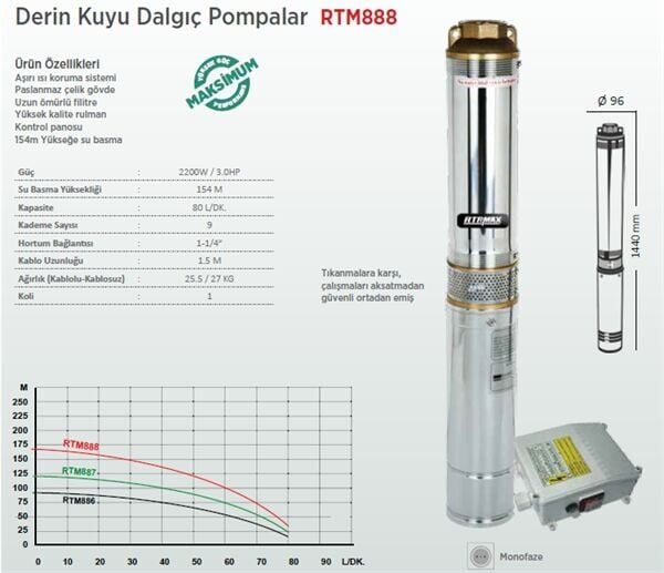 Rtrmax Rtm888 Derin Kuyu Dalgıç pompa Monofaze 3.0Hp - 2200W