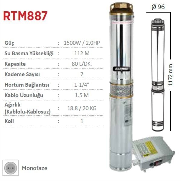 Rtrmax Rtm887 Derin Kuyu Dalgıç Pompa Monofaze 2.0Hp - 1500W