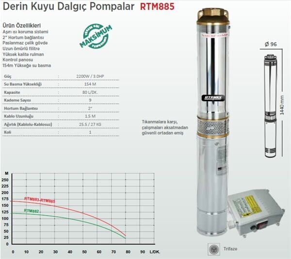 Rtrmax Rtm885 Derin Kuyu Dalgıç Pompa Trifaze 3.0Hp - 2200W